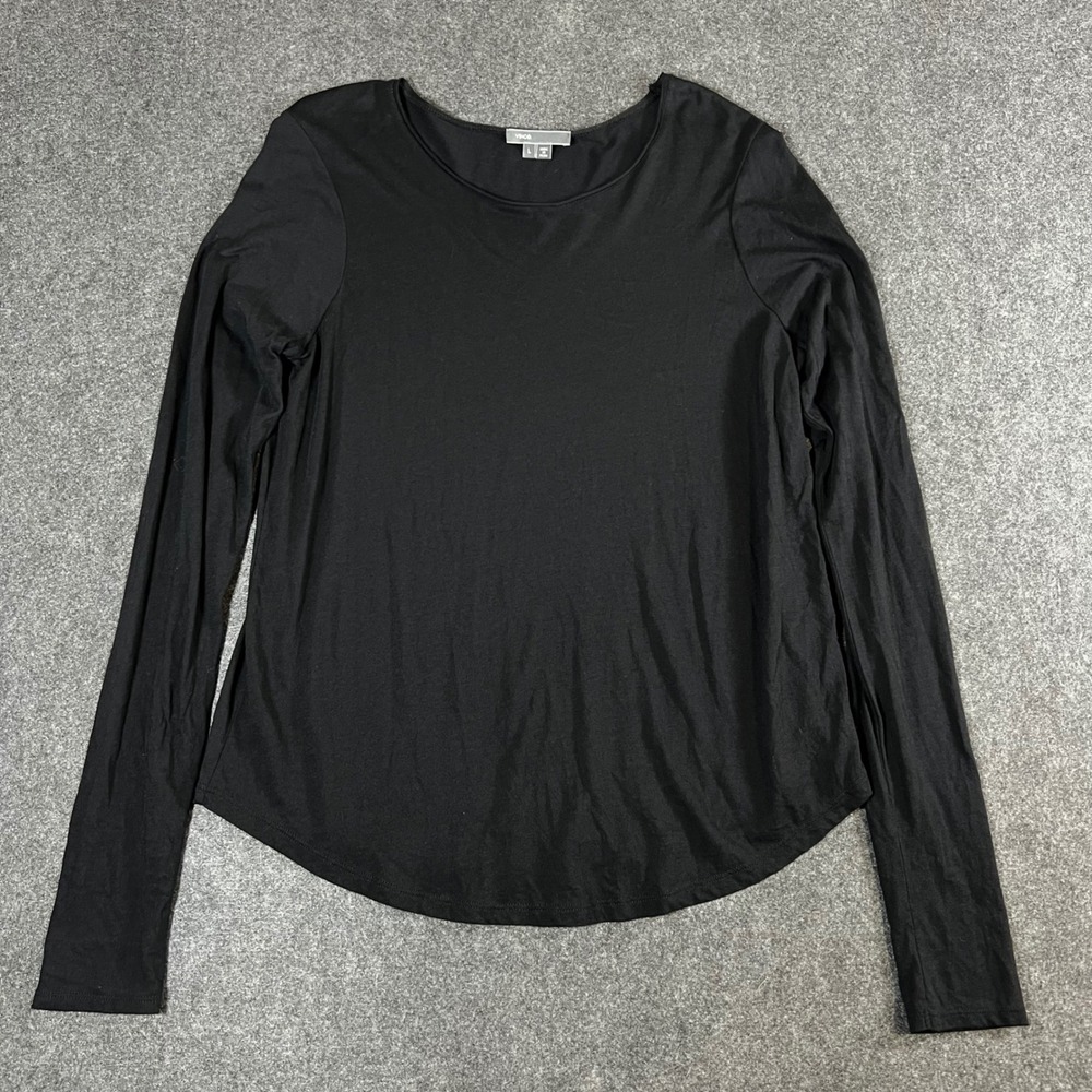 Vince Black Pima Cotton Modal Scoop Neck Long Sleeve Top Large Curved Hem